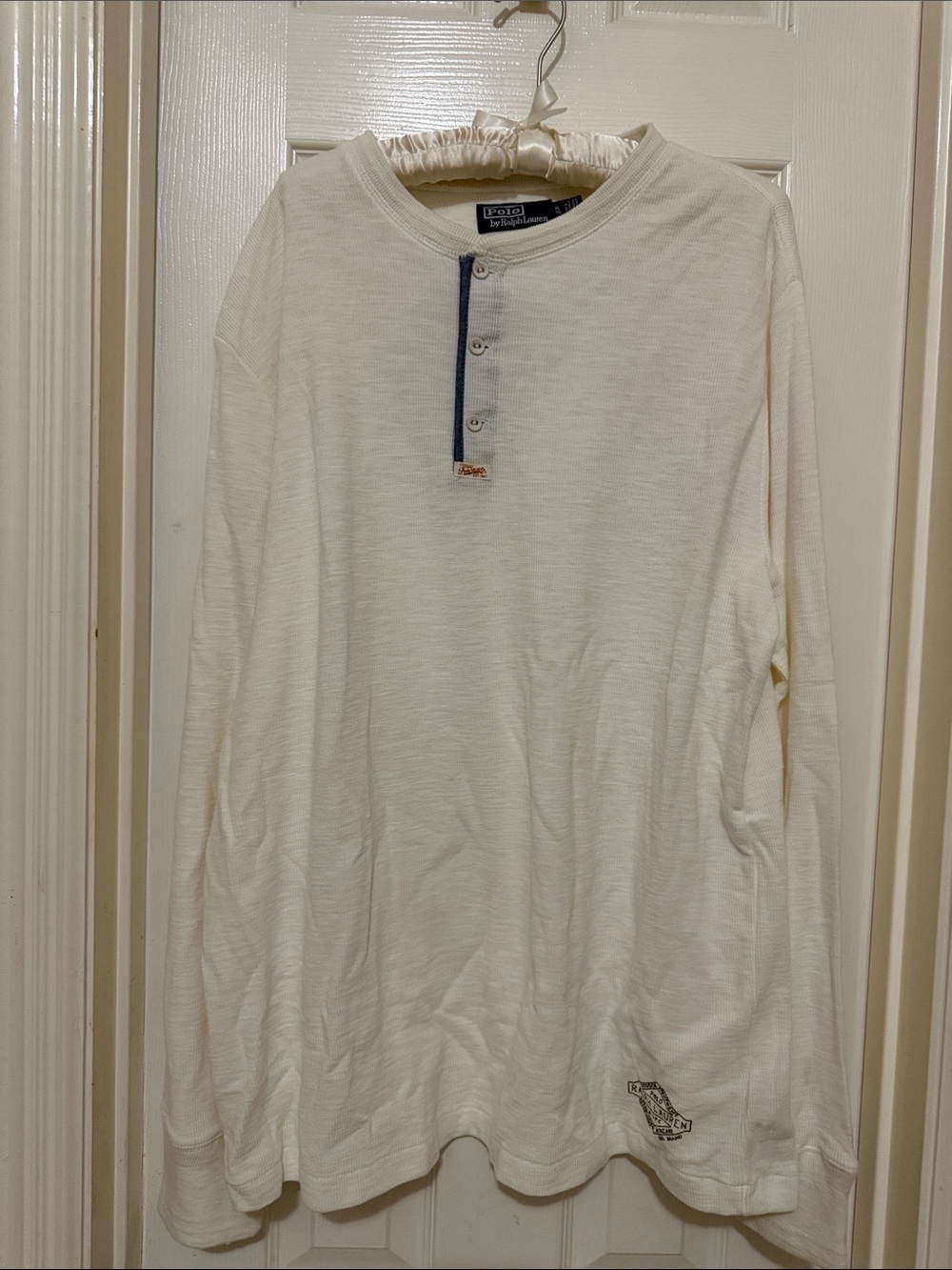 Polo by Ralph Lauren Cream Long-Sleeve Henley with Navy Placket Trim;New;
